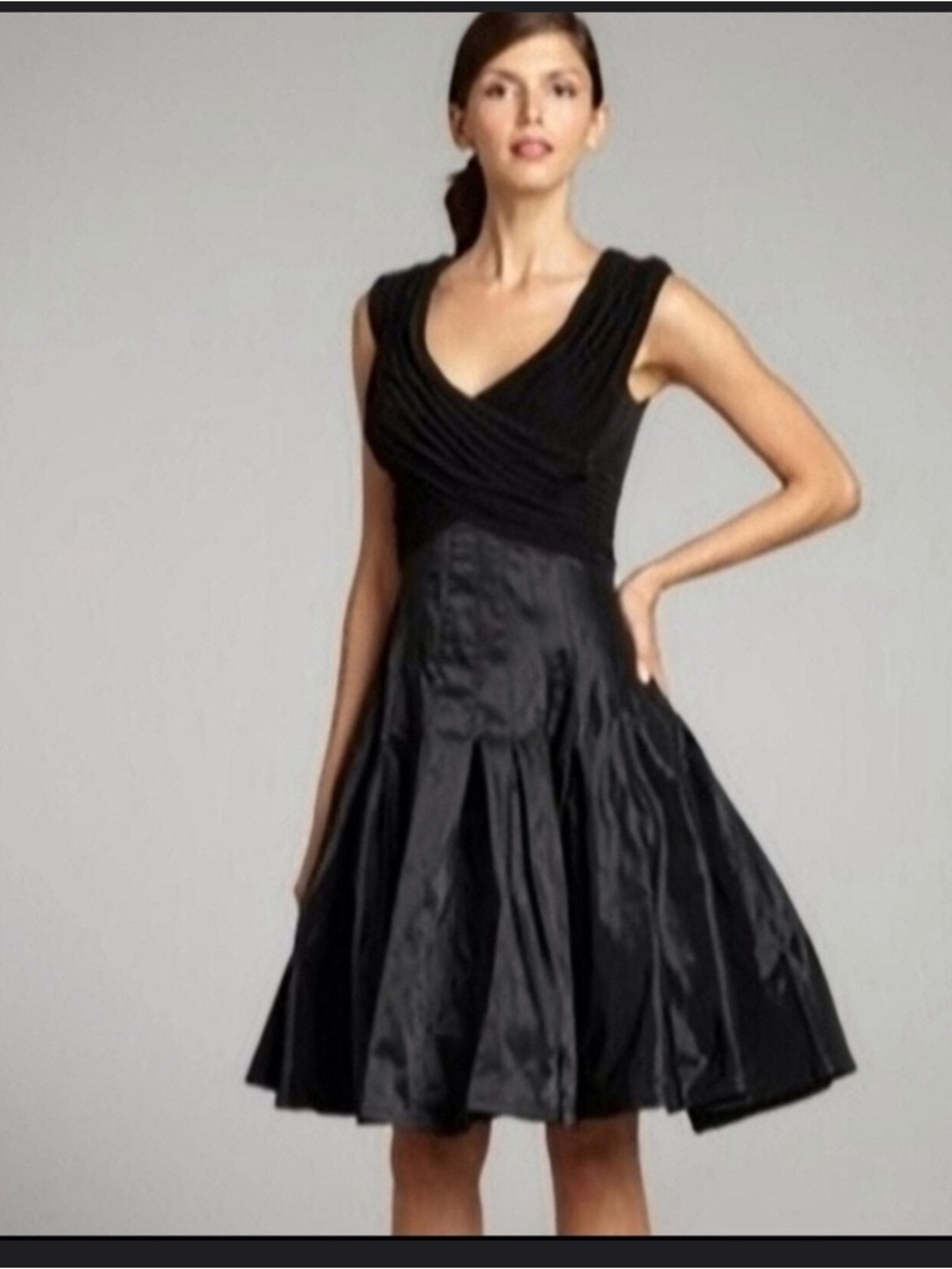 Tadashi Shoji Black Sleeveless V-Neck Taffeta Fit & Flare Midi Dress
